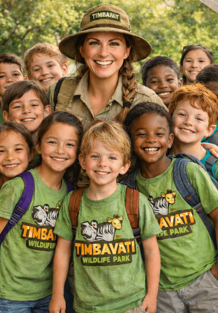 Smiling woman in safari hat surrounded by children wearing Timbavati Wildlife Park T-Shirts