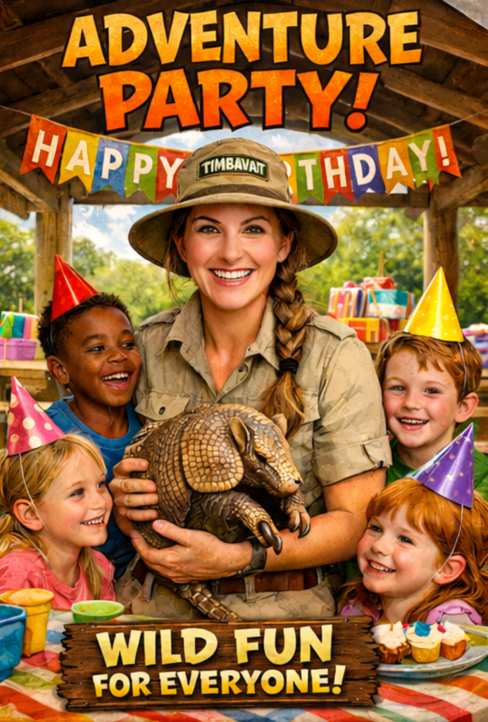 Smiling woman holding an armadillo surrounded by smiling children in birthday hats. ADVENTURE PARTY! WILD FUN FOR EVERYONE!