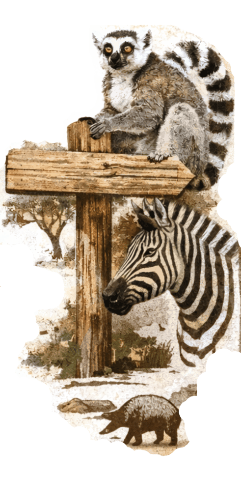 Drawing of a Lemur perched on a wood sign with a Zebra head below.
