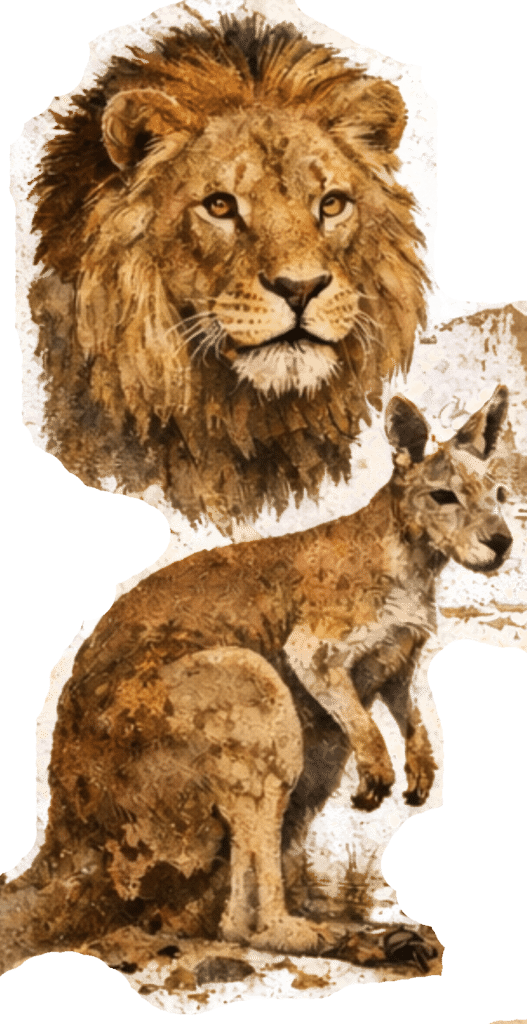 Drawing of a Lions head and Kangaroo